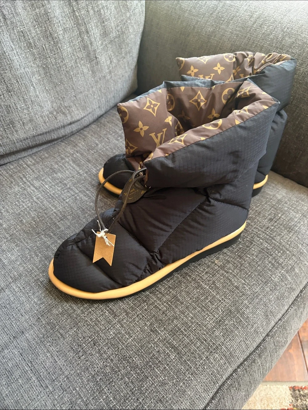 Louis Vuitton Black Quilted Winter Boots with Brown Monogram Cuff